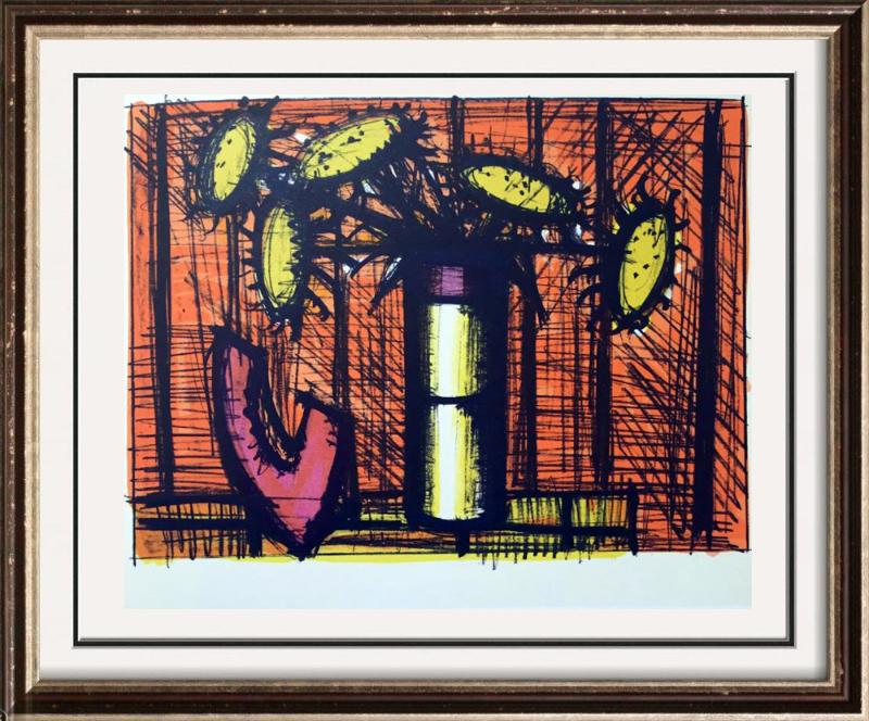 Bernard Buffet Sunflowers and Melons Full Color Print,: Artist Name: Bernard Buffet | Title of Art: Plate Eleven Sunflowers and Melons | Medium: Full Color Print, Executed in November 1967 on press of Fernand Moulet, Paris, France printed on velin Acropole