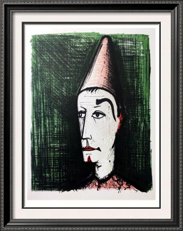 Bernard Buffet Clown with Green Background Full Color: Artist Name: Bernard Buffet | Title of Art: Plate Twenty Four Clown with Green Background | Medium: Full Color Print, Executed in November 1967 on press of Fernand Moulet, Paris, France printed on vel