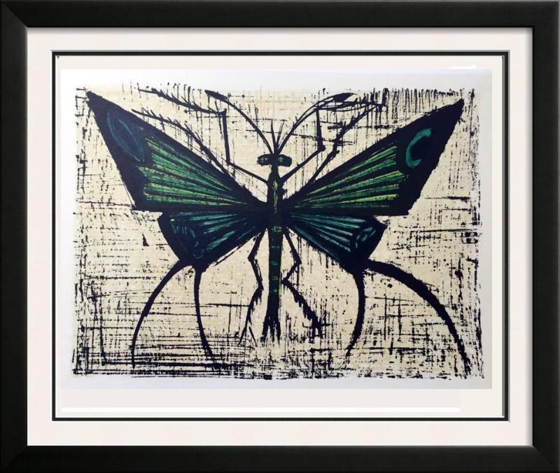 Bernard Buffet Green Butterfly Full Color Print,: Artist Name: Bernard Buffet | Title of Art: Plate Forty Eight Green Butterfly | Medium: Full Color Print, Executed in November 1967 on press of Fernand Moulet, Paris, France printed on velin Acropole