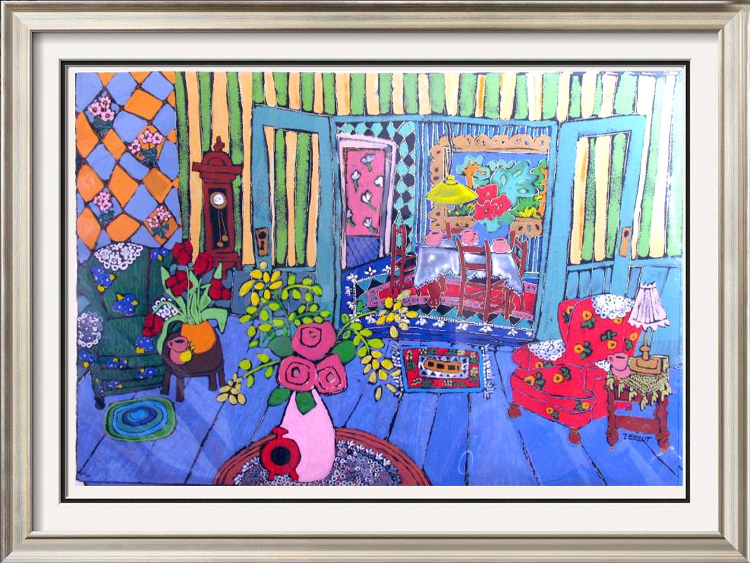 Rare Sold Out Naive Colorful Abstract Modern Living: Laurie Zeszut | Title Of Art: Living Room | Medium: Limited Edition Serigraph On Paper Hand Signed By The Artist | Edition Size: AP (Artist's Proof) Of 50 | Unframed Size: 27 X 40 Inches | Offered Unf