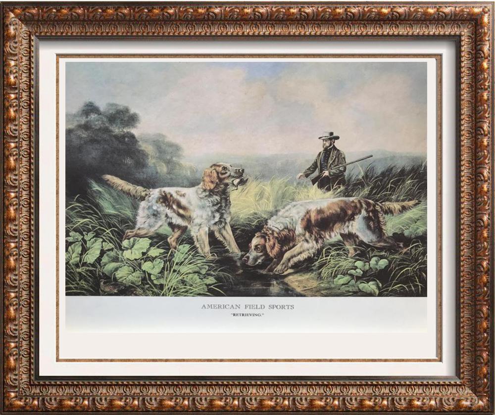 Hunting: American Field Sports Retrieving: Hunting: American Field Sports Retrieving | Medium: Color Lithographic Fine Art Print | Edition #: N/A | Unframed Size: 8x11 | Framed Size: Offered Unframed. Framing presentation if shown is for conce