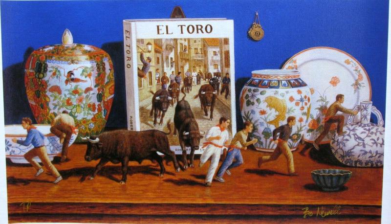 Newell Bulls Running Colorful Canvas Ltd Ed $50 Sale: Bo Newell | Title Of Art: Bulls In A China Shop | Medium: Hand Signed Limited Edition Giclee On Canvas | Edition Size: Of 250 Art Size: 8X13 | Framed Size: Unframed | Value: $ 175