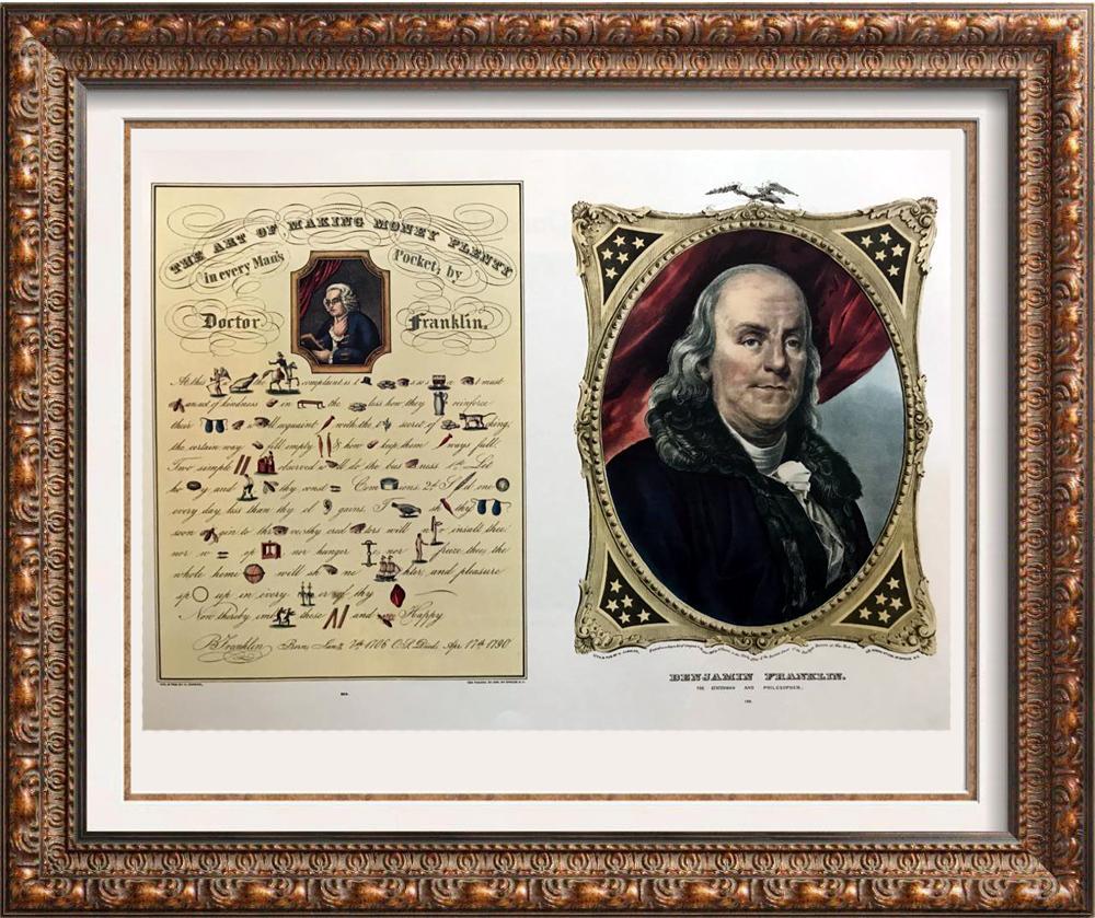 Roy King c.1987 Benjamin Franklin The Art Of Making: Roy King | Title of Art: c.1987 Benjamin Franklin The Art Of Making Money Plenty The Statement And Philosopher Poor Richard And The American Character | Medium: Colored Lithographic Fine Art Print | E
