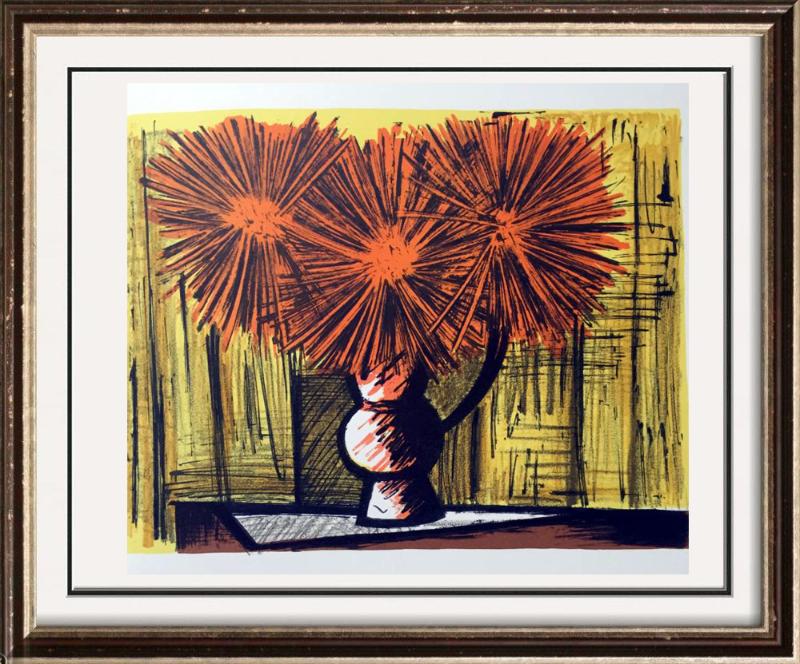 Bernard Buffet Dahilas on a Yellow Backgroun Full Color: Artist Name: Bernard Buffet | Title of Art: Plate Thirty Dahilas on a Yellow Backgroun | Medium: Full Color Print, Executed in November 1967 on press of Fernand Moulet, Paris, France printed on velin