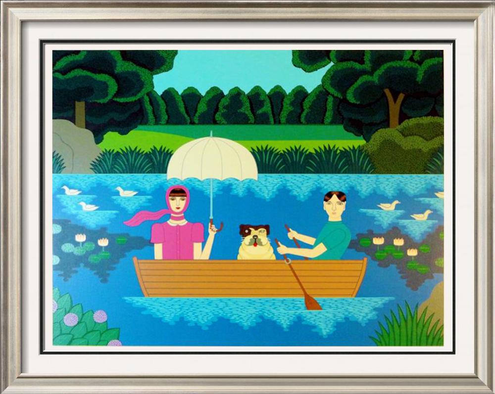Okumura Boating Couple & Dog Pop Abstract Colorful: Shigeo Okumura | Title Of Art: Boating | Medium: Limited Edition Serigraph On Paper Hand Signed By The Artist | Edition Size: Of 275 | Unframed Size: 23 X 27 Inches | Framed Size: Unframed | Value: $ 
