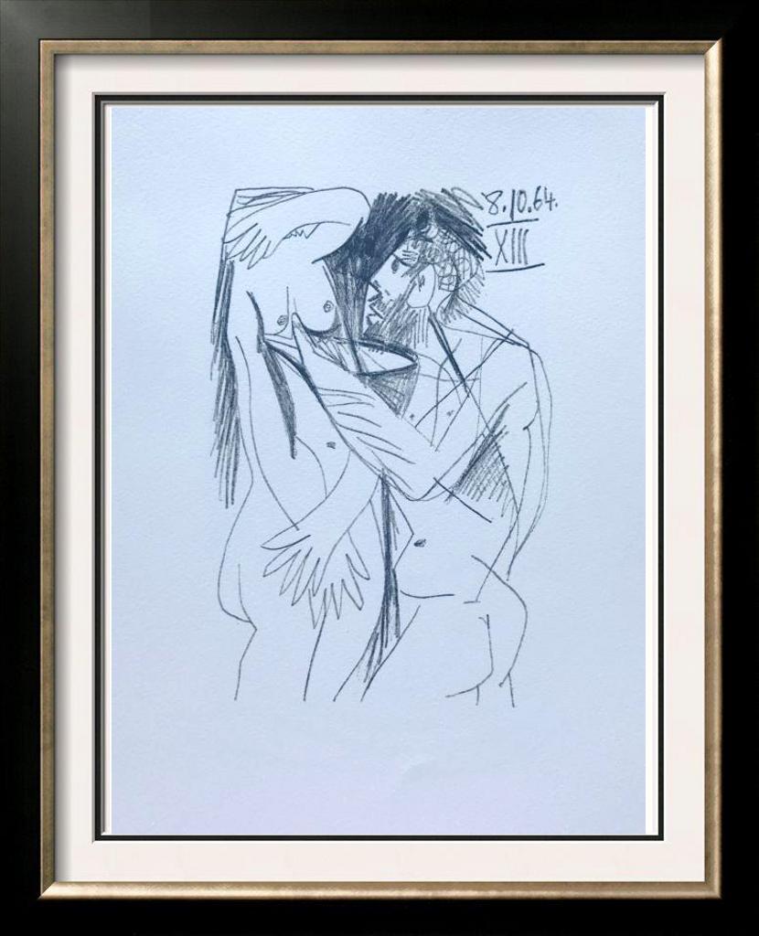 Pablo Picasso Lovers Lithograph on Arches Paper: Pablo Picasso | Lovers 8.10.64 XIII | Medium: Lithograph on Arches Paper | Edition #: 450/666 | Unframed Size: 13 x 10 | Framed Size: Offered Unframed. Framing presentation if shown is for concept onl