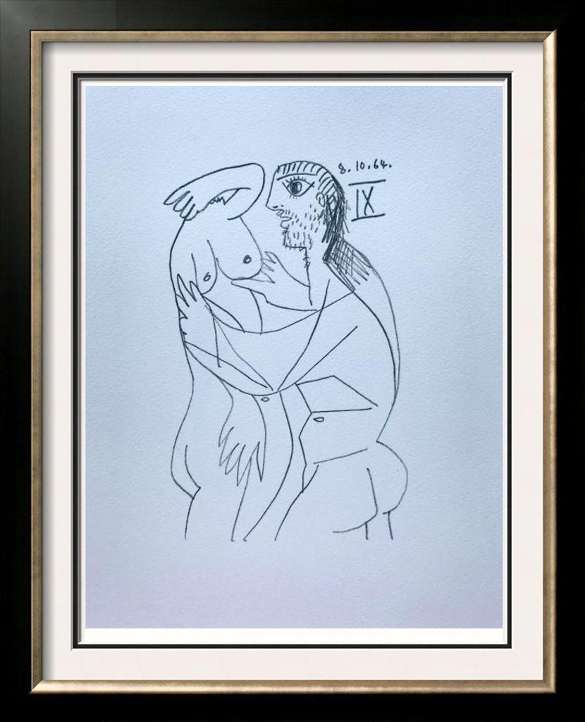 Pablo Picasso Lovers Lithograph on Arches Paper: Pablo Picasso | Lovers 8.10.64 IX | Medium: Lithograph on Arches Paper | Edition #: 450/666 | Unframed Size: 13 x 10 | Framed Size: Offered Unframed. Framing presentation if shown is for concept only