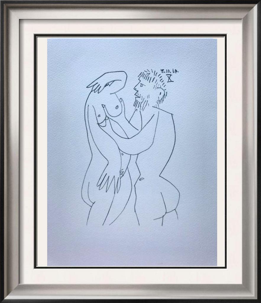 Pablo Picasso Lovers Lithograph on Arches Paper: Pablo Picasso | Lovers 8.10.64 X | Medium: Lithograph on Arches Paper | Edition #: 450/666 | Unframed Size: 13 x 10 | Framed Size: Offered Unframed. Framing presentation if shown is for concept only a