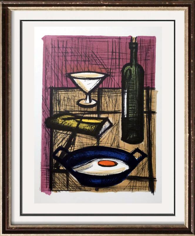 Bernard Buffet Still Life with Fried Egg Full Color: Artist Name: Bernard Buffet | Title of Art: Plate Twelve Still Life with Fried Egg | Medium: Full Color Print, Executed in November 1967 on press of Fernand Moulet, Paris, France printed on velin Acro