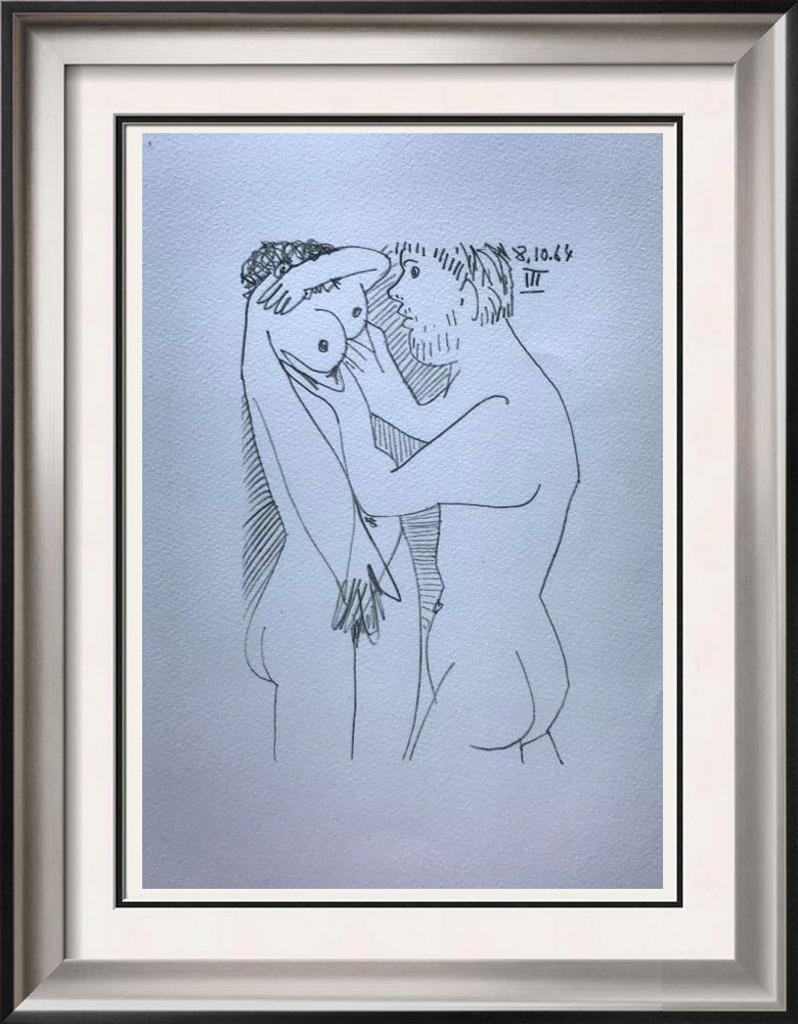 Pablo Picasso Lovers Lithograph on Arches Paper: Pablo Picasso | Lovers 8.10.64 III | Medium: Lithograph on Arches Paper | Edition #: 450/666 | Unframed Size: 13 x 10 | Framed Size: Offered Unframed. Framing presentation if shown is for concept only