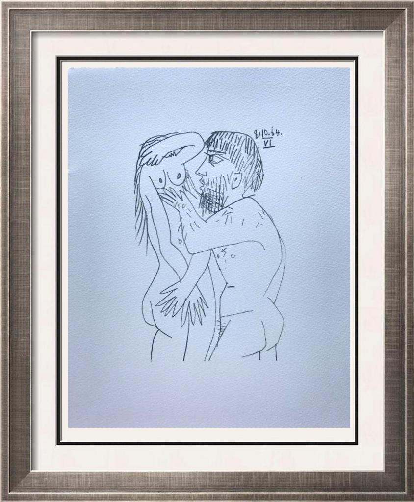 Pablo Picasso Lovers Lithograph on Arches Paper: Pablo Picasso | Lovers 8.10.64 VI | Medium: Lithograph on Arches Paper | Edition #: 450/666 | Unframed Size: 13 x 10 | Framed Size: Offered Unframed. Framing presentation if shown is for concept only