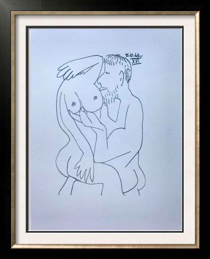 Pablo Picasso Lovers Lithograph on Arches Paper: Pablo Picasso | Lovers 8.10.64 XVI | Medium: Lithograph on Arches Paper | Edition #: 450/666 | Unframed Size: 13 x 10 | Framed Size: Offered Unframed. Framing presentation if shown is for concept only