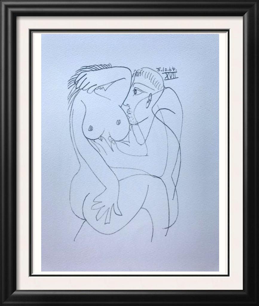 Pablo Picasso Lovers Lithograph on Arches Paper: Pablo Picasso | Lovers 8.10.64 XVII | Medium: Lithograph on Arches Paper | Edition #: 450/666 | Unframed Size: 13 x 10 | Framed Size: Offered Unframed. Framing presentation if shown is for concept onl