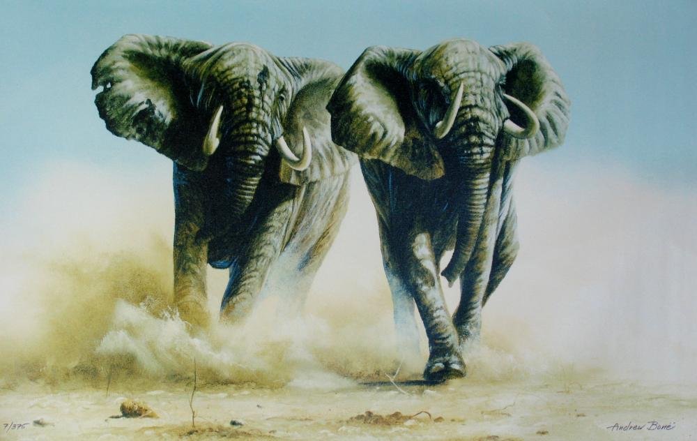 Elephrant Stampede Andrew Bone Ltd Ed Canvas Sale: Andrew Bone | Title Of Art: Elephant Stampede | Medium: Hand Signed By The Artist Serigraph On Canvas | Edition #: Of 375 | Unframed Size: 24X37 InchesFramed Size: Unframed | Value: $ 1200