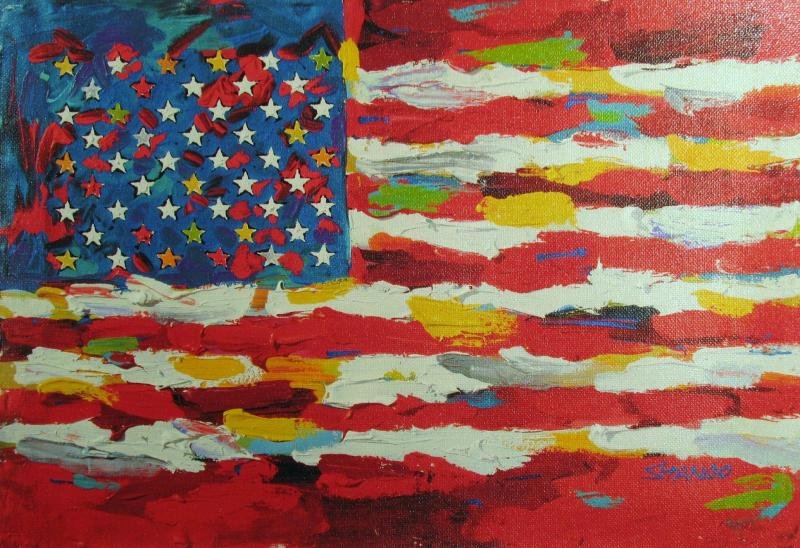 American Flag on canvas hand signed Stango POP: John Stango Title of Art: American Flag Medium: Hand Signed by the Artist Giclee on Canvas Edition #: PP (Printer's Proof) Unframed Size: 10x14 inches Framed Size: Unframed Value: $ 300