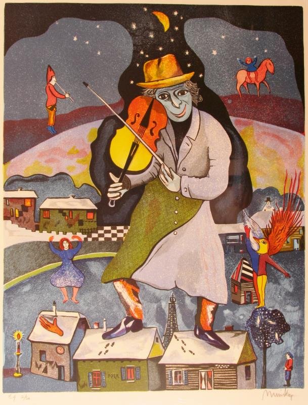 Fiddler On The Roof Style Ninsky Chagall Style Ltd Ed: Ninsky | Title Of Art: Violin | Medium: Hand Signed Limited Edition Serigraph On Paper | Edition Size: Ea 2/30 Art Size: 26X20 Framed Size: Unframed | Value: $ 300