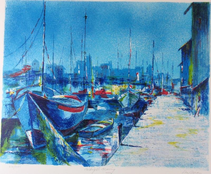 Boat Scene Bold Blue Colors Abstract Ltd Ed Sale: Len Garon | Title Of Art: Midnight Mooring | Medium: Hand Signed By The Artist Serigraph On Paper | Edition Size: 272/285 | Unframed Size: 21X25 Inches | Framed Size: Unframed | Value: $ 400
