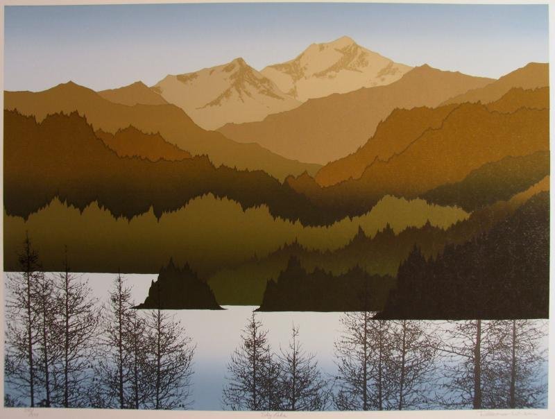 Scenic Moutnain Abstract Earth Tone Limited Edition: Robert Wilson | Title Of Art: Sky Lake | Medium: Hand Signed By The Artist Lithograph On Paper | Edition Size: 340/375 | Unframed Size: 25X32 Inches | Framed Size: Unframed | Value: $ 850