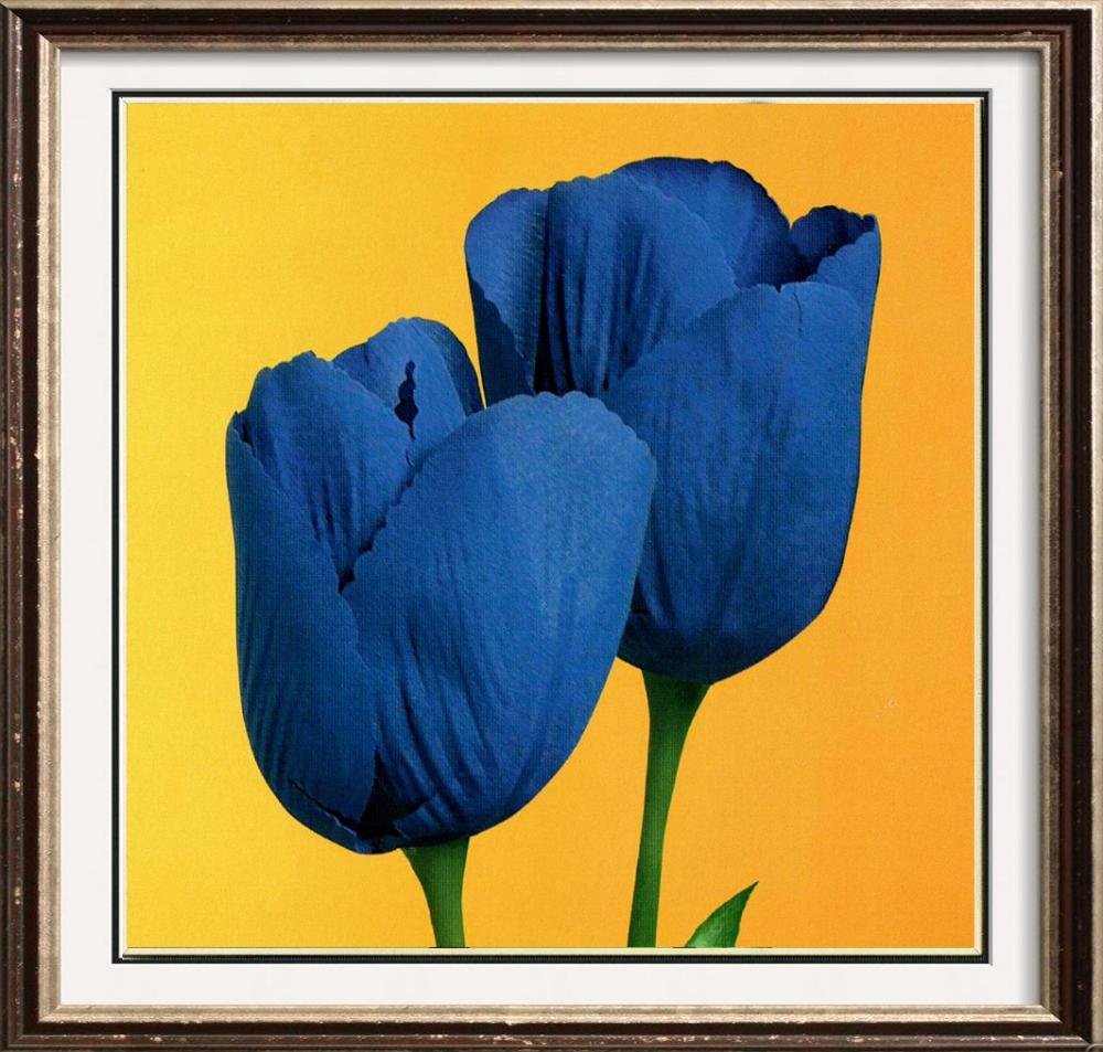 Blue Tulips On Gold Canvas Colored Giclee Sale: Neum Collection | Tulips On Gold | Unsigned Giclee On Canvas | Edition #: Open | Unframed Size: 52 X 52 Inches | Offered Unframed. Framing presentation if shown is for concept only. If you need assist
