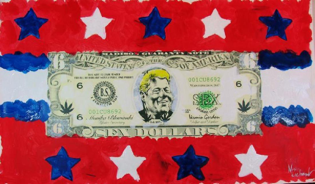 Bill Clinton Monica Hilarious Art Canvas Great Gift: Max Richards | Title of Art: Slick Willy Bill Clinton Stars & Stripes | Medium: Hand Signed by the Artist Original Painting on Canvas | Edition #: Original | Unframed Size: 21 x 34 inches | Offered Un