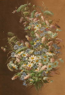 Spring Bouquet by Raoul de Longpre: Original mixed media painting on paper by Raoul Maucherat de Longpre (1859 - 1911). Image size 27" x 19", framed dimensions 35" x 27" x 1 1/2 inches in a gold leaf wood frame with floral design. 