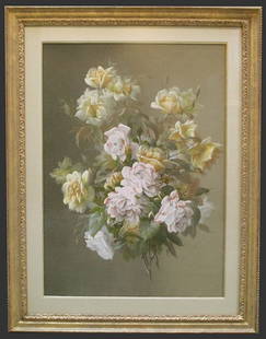 "Floral" by Raoul Maucherat de Longpre (1859 - 1911): Original mixed media work on paper by Raoul Maucherat de Longpre (1859 - 1911), title: Floral. Unframed height 28 inches, Unframed width 20 inches. Framed with mat. Raoul de Longpre was born in