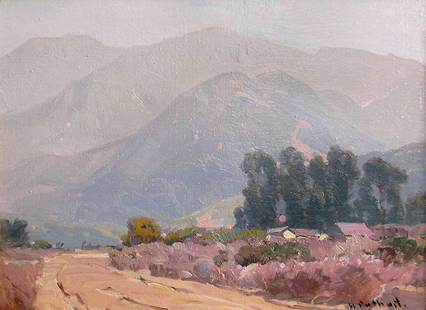 Wreaths of Mist by Hanson Puthuff: Wreaths of Mist by early California artist Hanson Duvall Puthuff (1875 - 1972), original oil painting on board. Unframed height 16 inches, unframed width 20 inches. Wood Gold Leaf frame. Signed by the