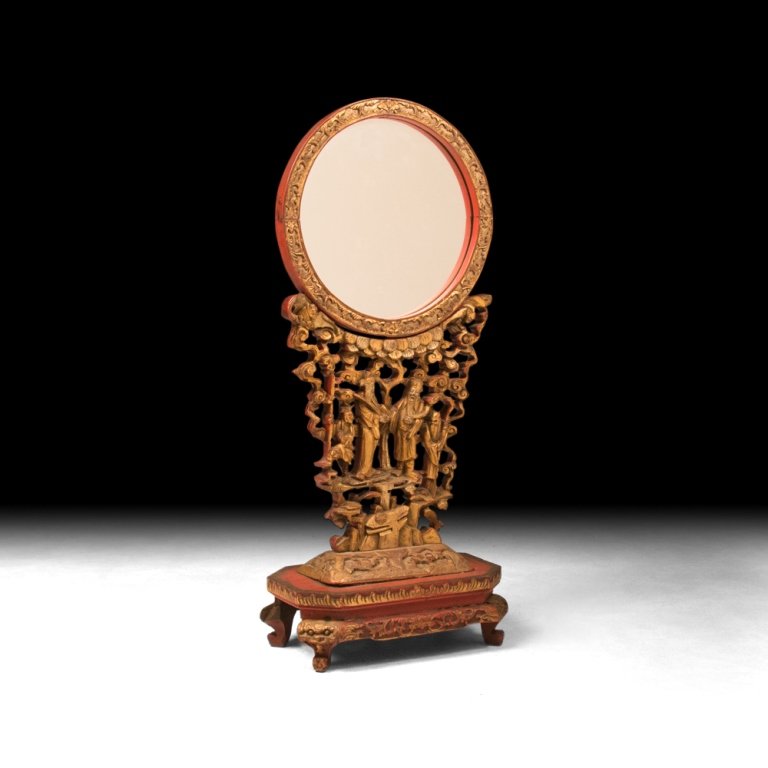 Taoist Polychrome Carved Wood Mirror, Qing Dynasty (1 of 8)