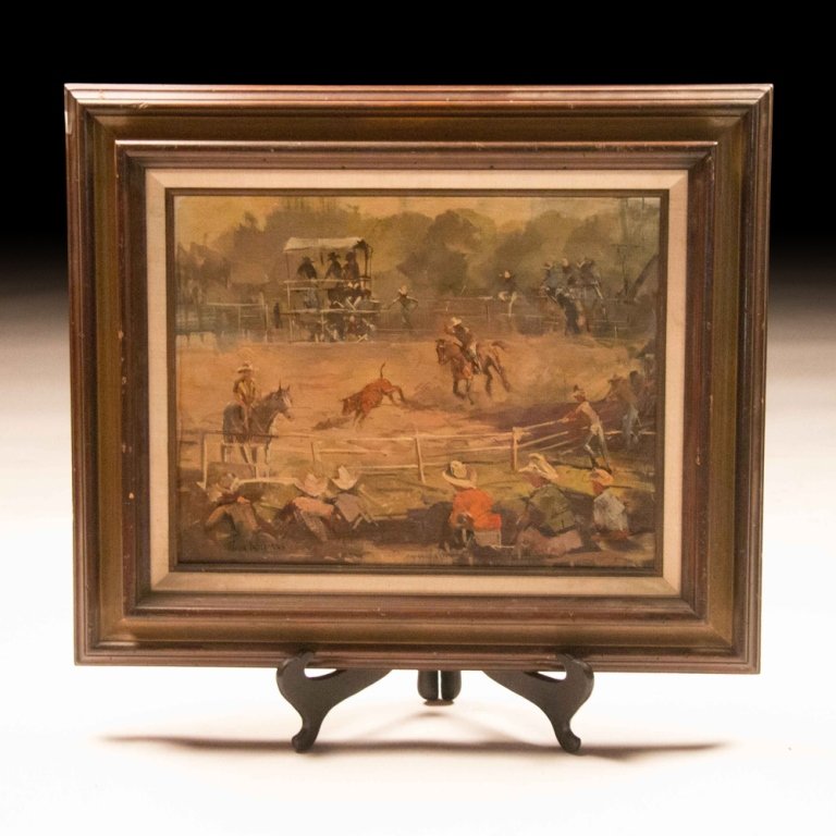 Peter Williams, Oil on Panel, Rodeo, c. 1950s: New Zealand artist Peter Williams depicts a classic rodeo scene of two men on horseback attempting to lasso a cow whilst a group of spectators watch. This classic Western oil on panel was painted al f