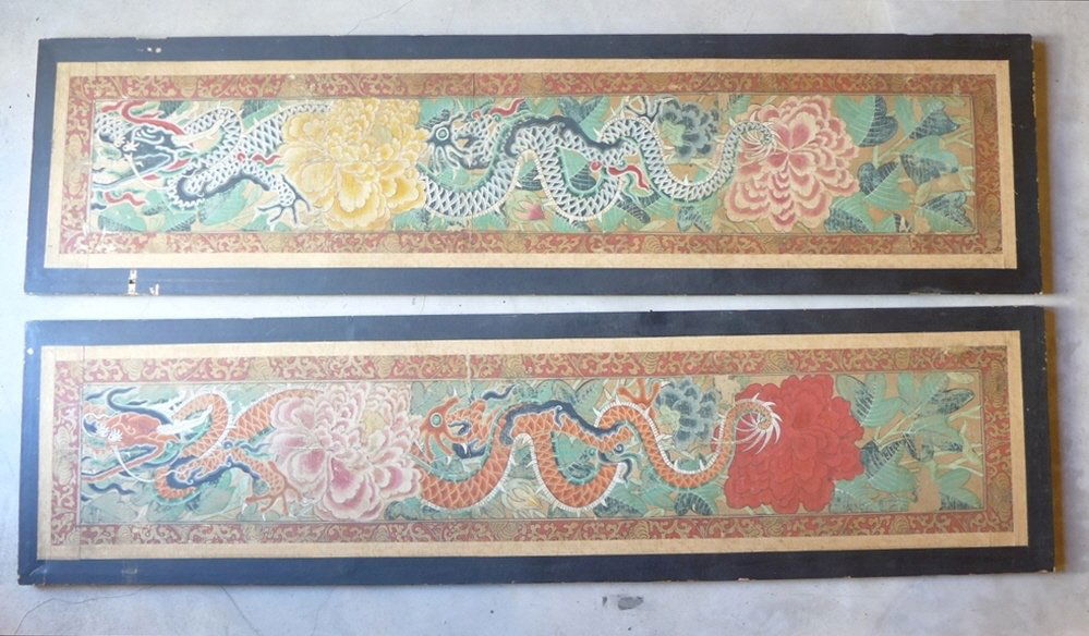 Korean 19 CENTURY MINHWA DRAGON PAINTING 2 PANELS: KOREAN 19 CENTURY MINHWA DRAGON PAINTING 2 PANELS///it is like sign for protecting the family against their misfortunes. it was hung upside the Front main Door.///size:61X14" w/frame 64x17"