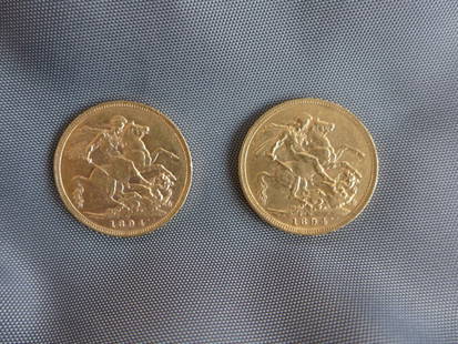 Great Britain 1894 two Gold coins . Sovereigns: All Victoria Old Head sovereigns from 1893 to 1894 share the same obverse (head) design. The reverse is the familiar St. George & Dragon design originally engraved by Benedetto Pistrucci about 1817.