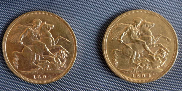 Great Britain 1894 two Gold coins . Sovereigns: All Victoria Old Head sovereigns from 1893 to 1894 share the same obverse (head) design. The reverse is the familiar St. George & Dragon design originally engraved by Benedetto Pistrucci about 1817.