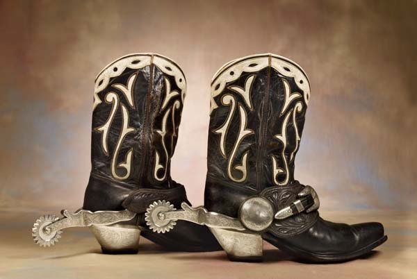 Edward H Bohlin, Hollywood Boots with Parade Spurs: Full-mounted, Edward H Bohlin, Hollywood, California silver overlaid parade spurs with trademark 2"- 20 pt cookie-cutter rowels and Bohlin marked two-piece floral carved straps with 2" poppy conchos a