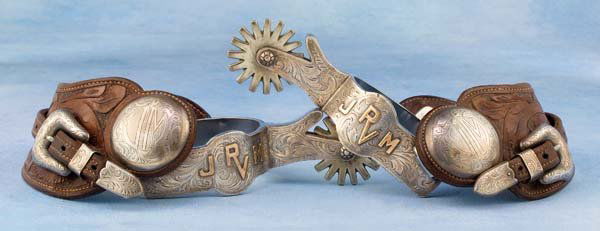 Jack Mitchell's Personal Edward H Bohlin RV Parade: JJ Mitchell's, Ranchero Visitadores co-founder and first president, personal Edw H Bohlin, Hollywood, Cal silver overlaid, full mounted stainless spurs with swinging buttons, Jack's initials JM and RV