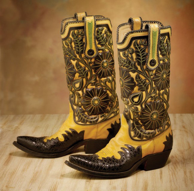 Black and Yellow Abraham Rios Boots: Striking and colorful men's size 11 filigreed leather boots with inlaid and overlaid leaves and flowers. Laced pulls and edges. Great condition