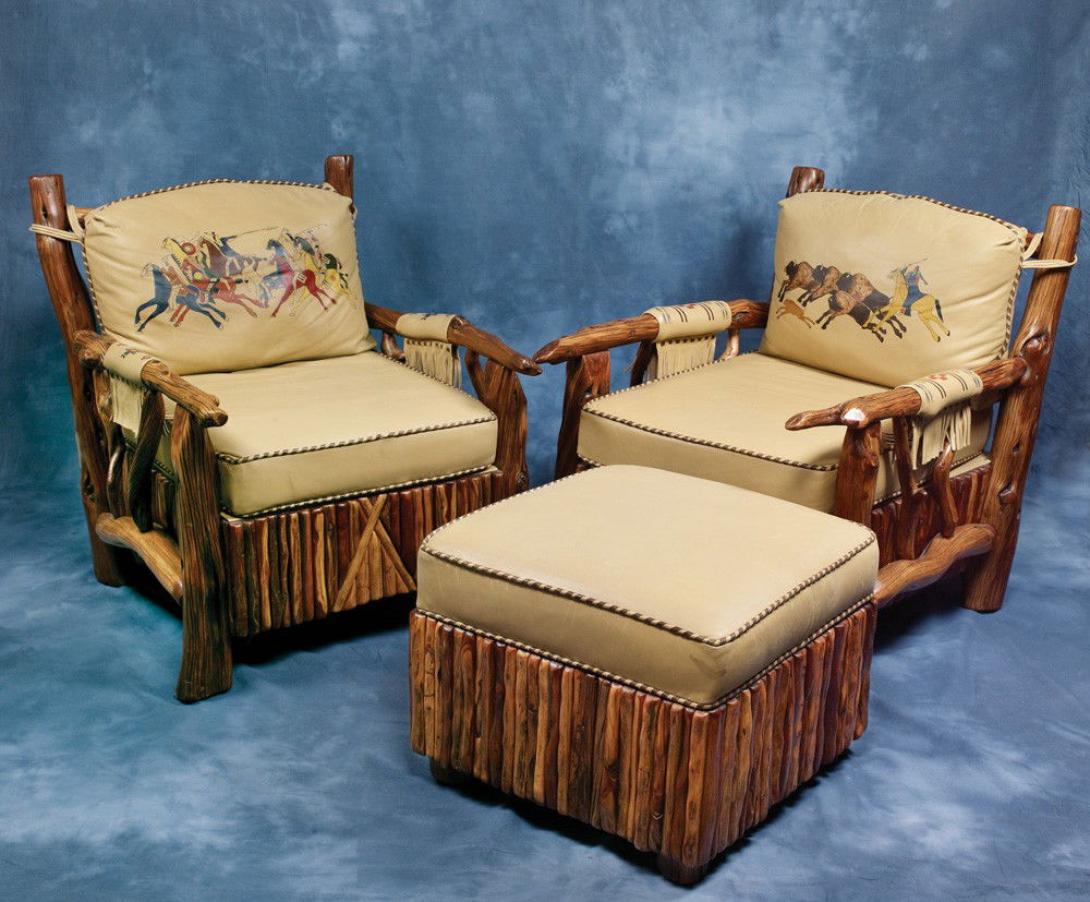 Pair Molesworth Style Club Chairs: 36” x 39” x 30” hand painted custom leather and burl wood chairs and foot stool by award winning Lester Santos of Cody, WY Santos Furniture designs have appeared in numerous books, on television