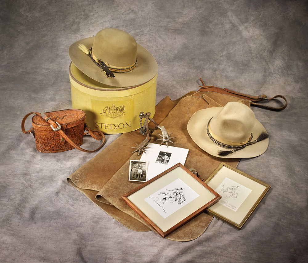Nicholas Firfires Lot including personal artifacts: a) Early Buermann style iron spurs with large 8 pt rowels and inscription that reads Made for Nick Firfires by Don Drew; b) 3X beaver quality Stetson Hat with the initials NSF stamped into the leather