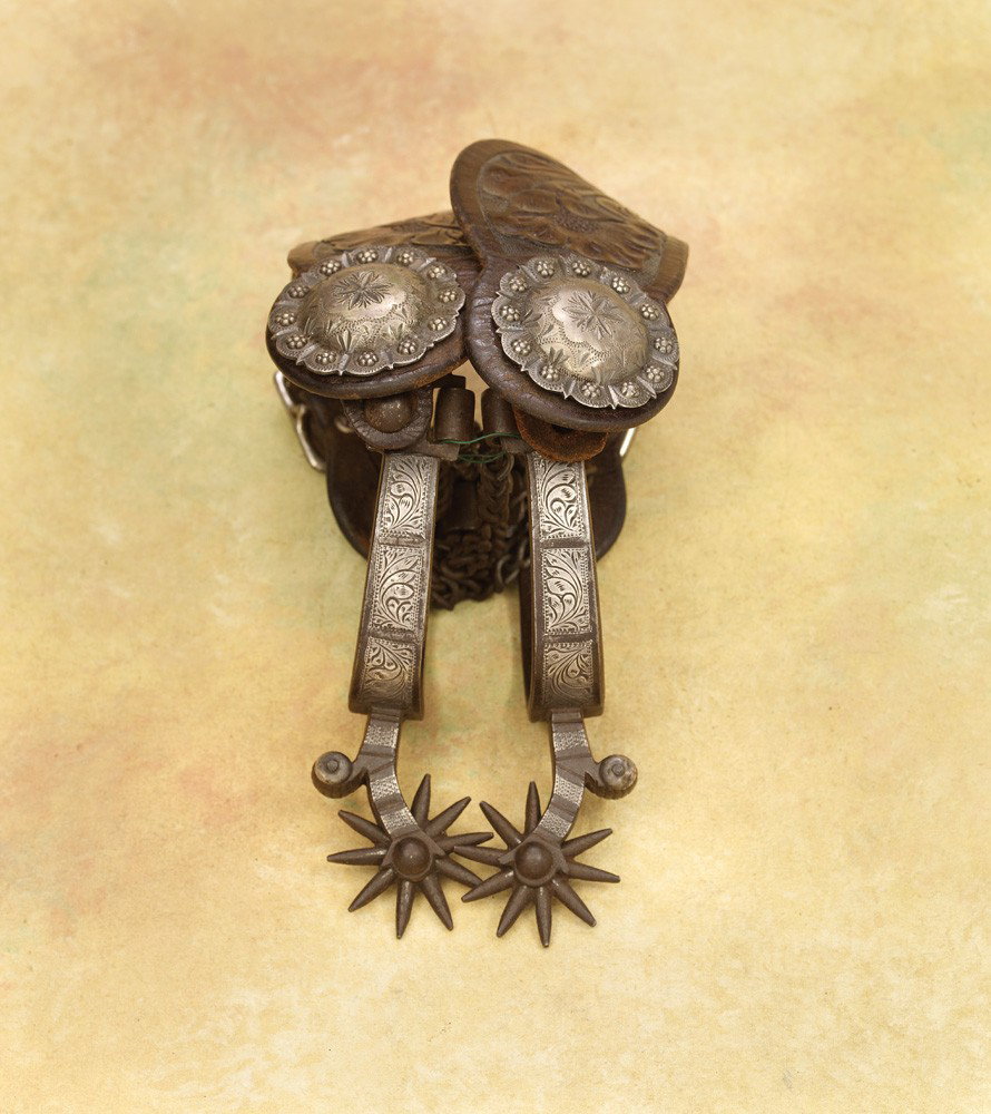 Marano Hernandez Inlaid Spurs: Impressive silver inlaid Hernandez, San Jose unmarked early California spurs featuring three separate rectangular silver inlays engraved with his characteristic cabbage leaf pattern with four or five 