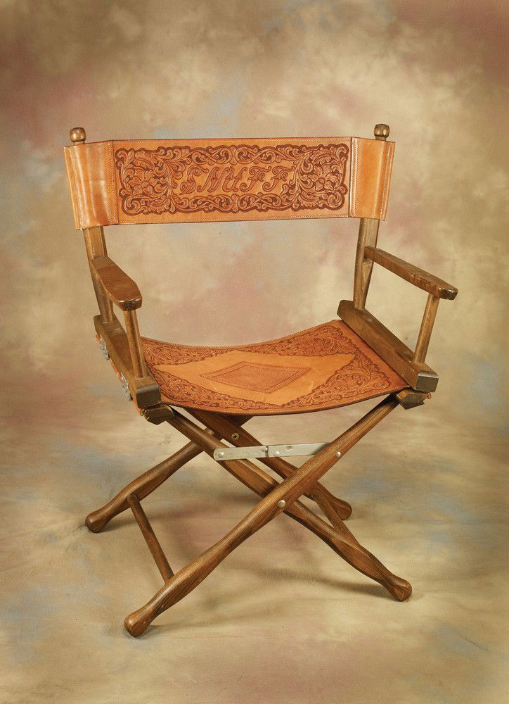 Edward Bohlin Director’s Chair made for Snuff Garr: Artistically floral carved leather director’s chair made for the irascible retired record producer during his tenure as owner of the Bohin Company in the early 1980s. Excellent condition Snuff Garre