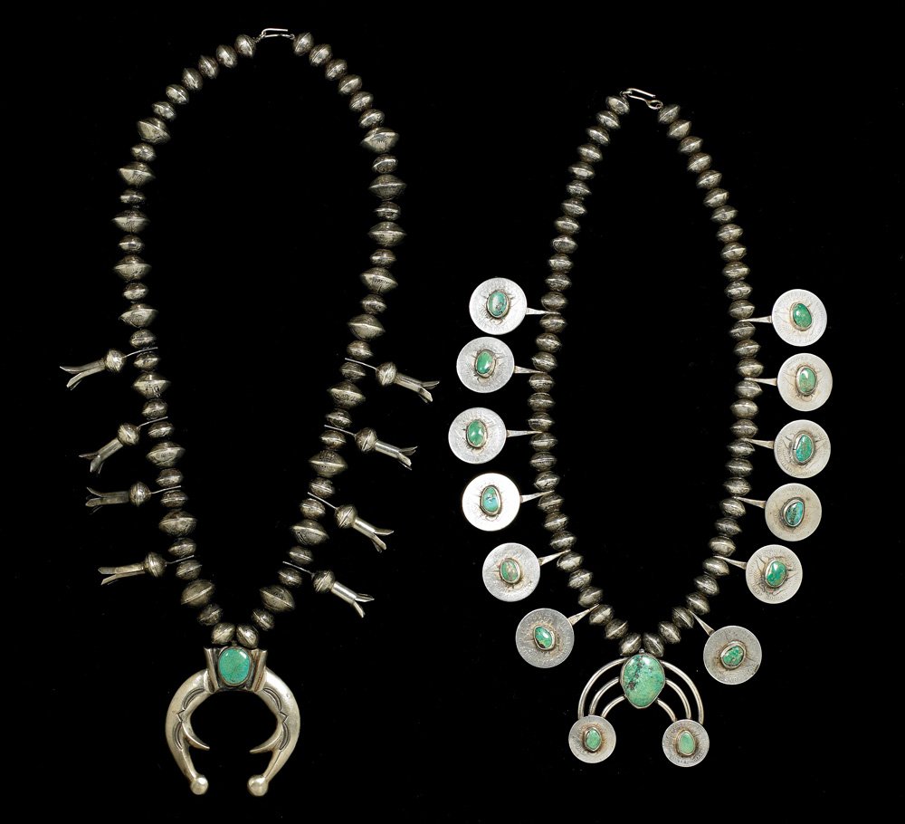 Two Silver & Turquoise Squash Blossoms: a) 17" total length silver dimes and quarters for the beads, eight blossoms and cast naja with turquoise. Fine condition; b) 15" total length silver dimes for beads and silver half dollars. Turquoise