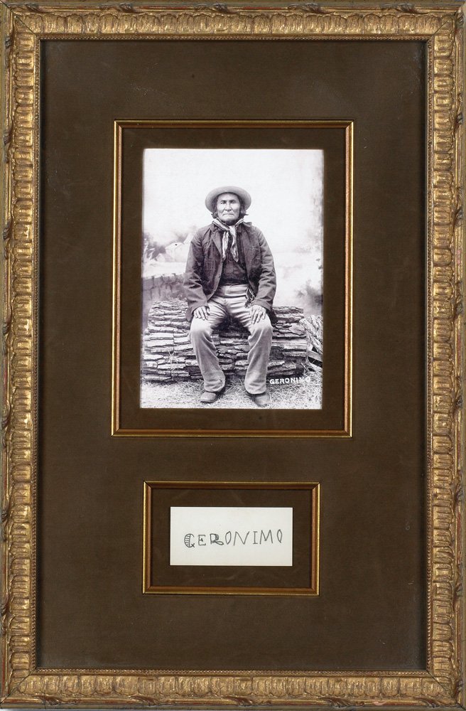 Geronimo Autograph: 3 1/8" x 1 1/2" signature in 18" x 12" frame. Geronimo autograph in pencil, on the back of Mr Clifford Melville Swan's printed calling card. Authenticated by John Reznikoff, University Archives. Not e