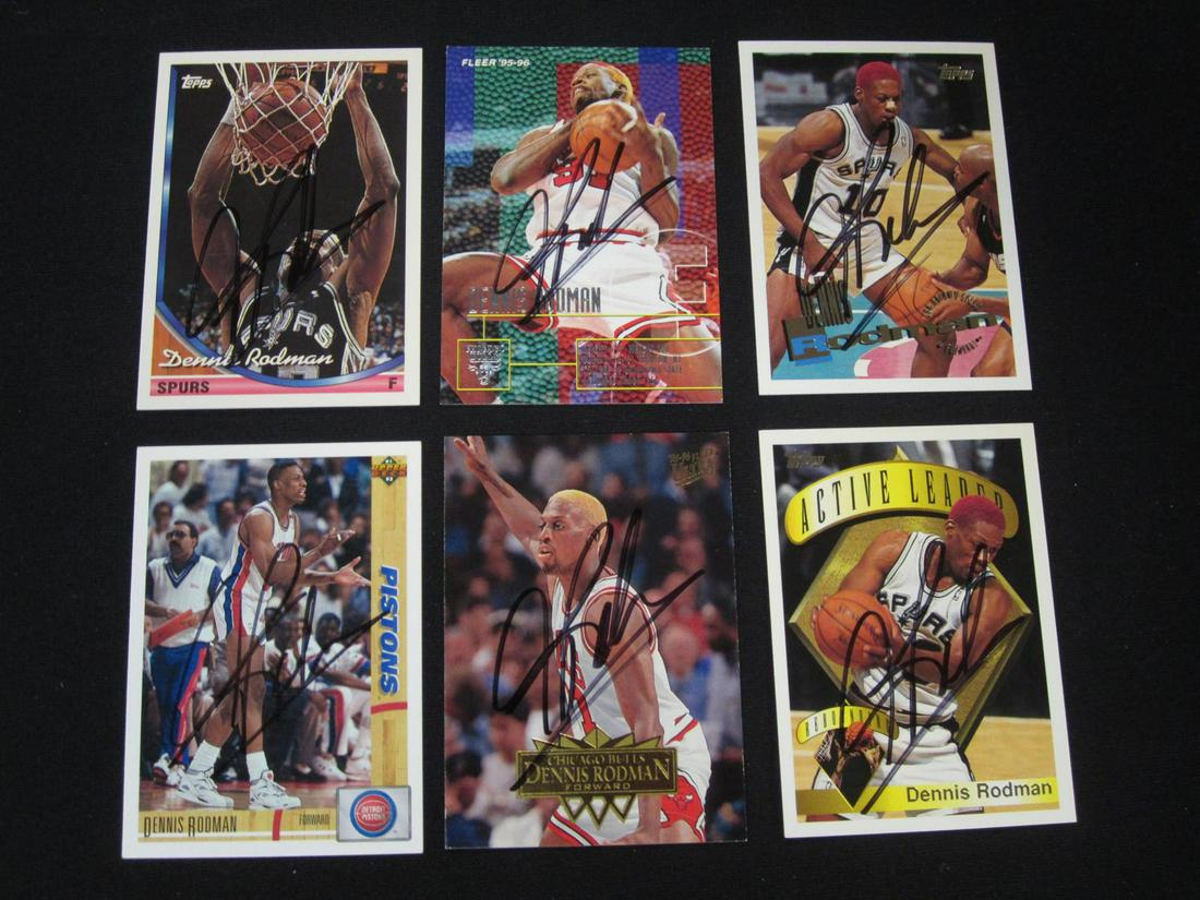 LOT OF 6 DENNIS RODMAN SIGNED TRADING CARDS WITH COA BULL PISTONS SPURS (1 of 2)