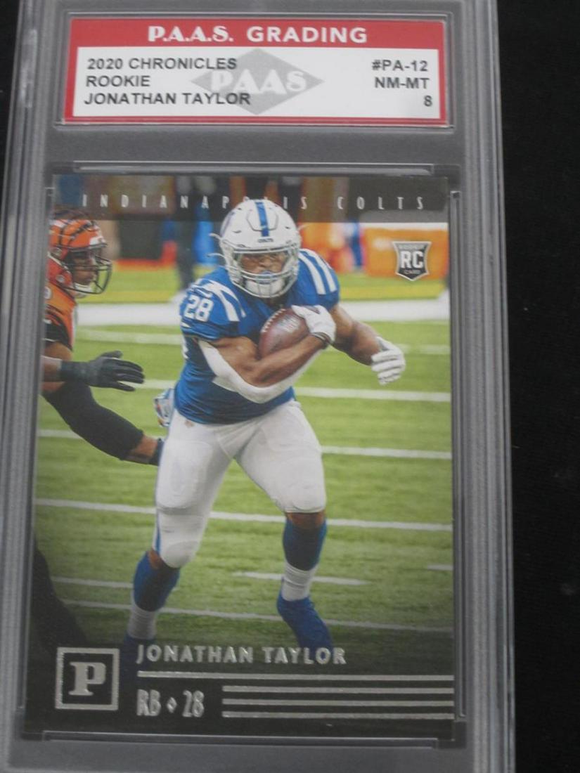 20 PANINI FB JONATHAN TAYLOR RC PAAS 8: VERY NICE 2020 PANINI CHRONICLES PANINI FOOTBALL JONATHAN TAYLOR ROOKIE CARD GRADED PAAS NM-MT 8 INDIANAPOLIS COLTS
