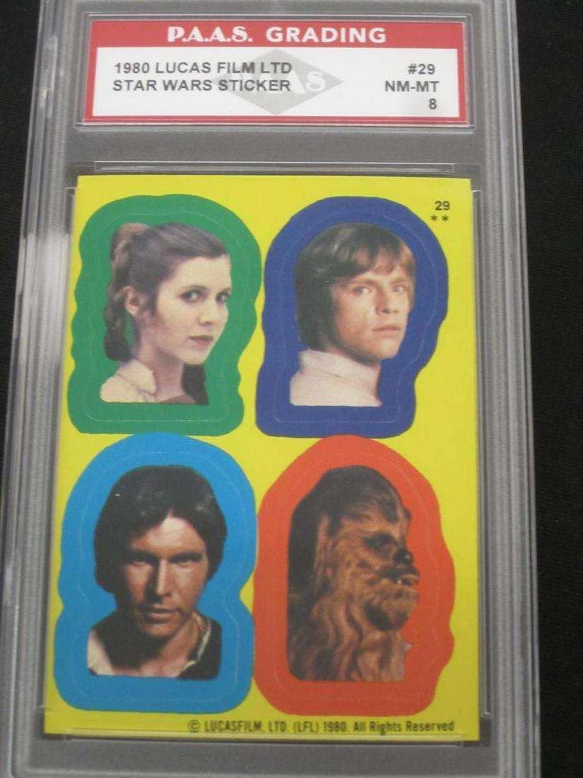 80 STAR WARS LUKE LEI HANS CHEWY PAAS 8: VERY NICE 1980 TOPPS STAR WARS THE EMPIRE STRIKES BACK STICKERS #29 PRINCEE LEIA LUKE SKYWALKER HAN SOLO AND CHEWBACCA VERY NICE STICKER CARD GRADED PAAS NM-MT 8 ONE OF THE BEST STICKER CARDS IN THE S