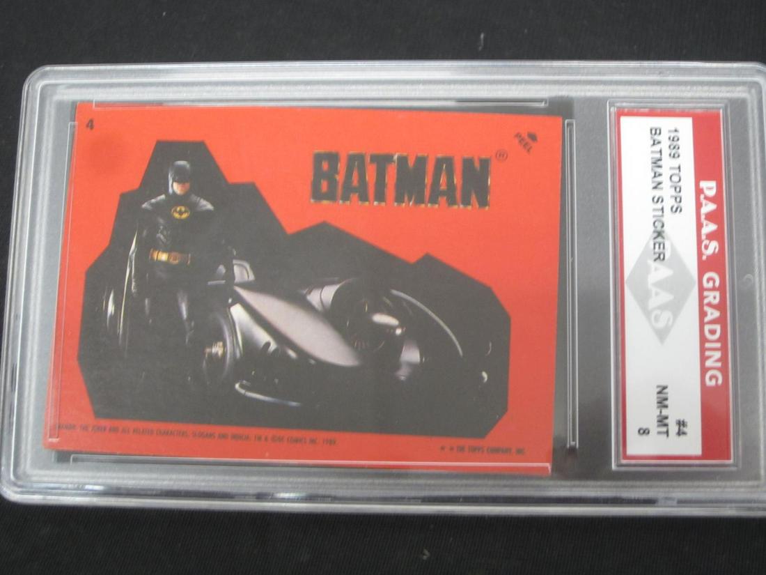89 TOPPS BATMAN STICKER #4 PAAS NMT 8: VERY NICE 1989 TOPPS BATMAN STICKER CARD #4 BATMAN WITH THE BATMOBILE GRADED BY PAAS NM-MT 8 A TRUE MUST HAVE FOR ANY COLLECTOR!