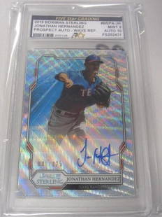 Jonathan Hernandez Wave Ref FSG Mint 9 Auto10: Jonathan Hernandez Texas 2019 Bowman Sterling Wave Refractor 30/125 FSG Mt9 Auto10