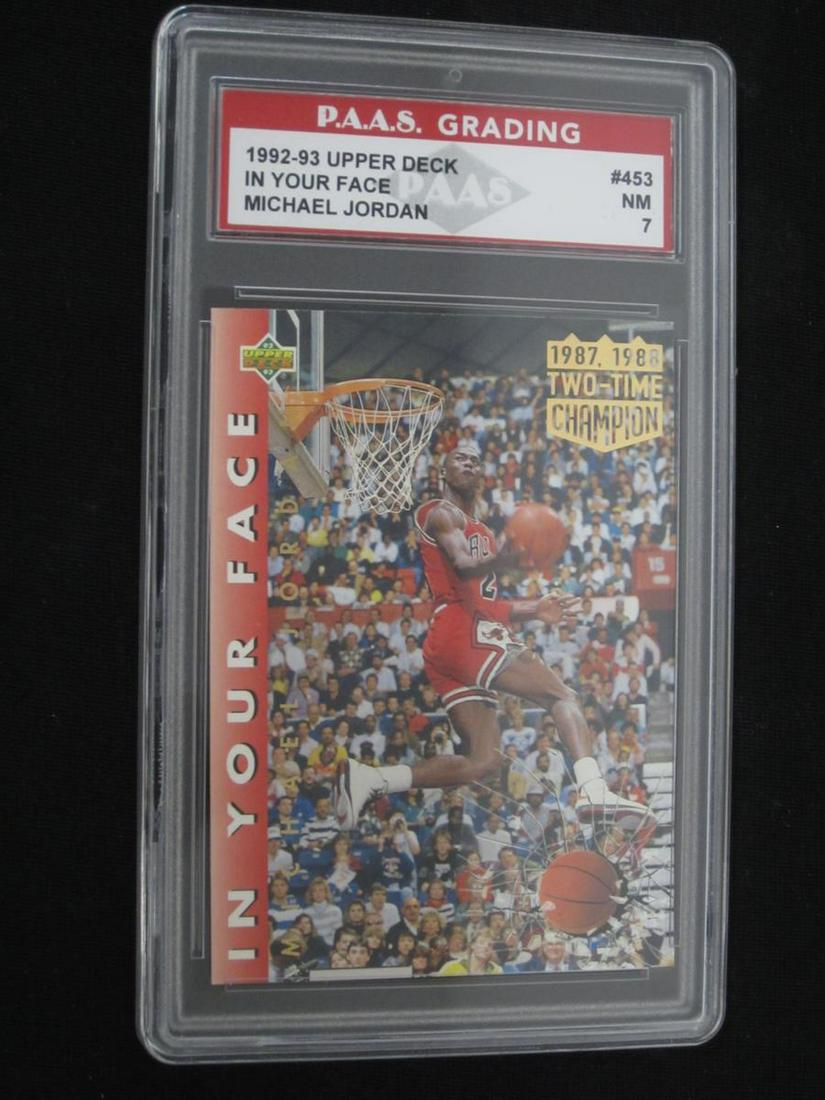 92-93 UD MICHAEL JORDAN PAAS NM 7: 1992-93 UPPER DECK MICHAEL JORDAN 1987-1988 TWO TIME CHAMPION GRADED PAAS NM 7 CHICAGO BULLS THIS IS A WONDERFUL CARD FOR ANY COLLECTOR. THIS CARD HAS BEEN PROFESSIONALLY GRADED & ENCASED. PLEASE SAVE