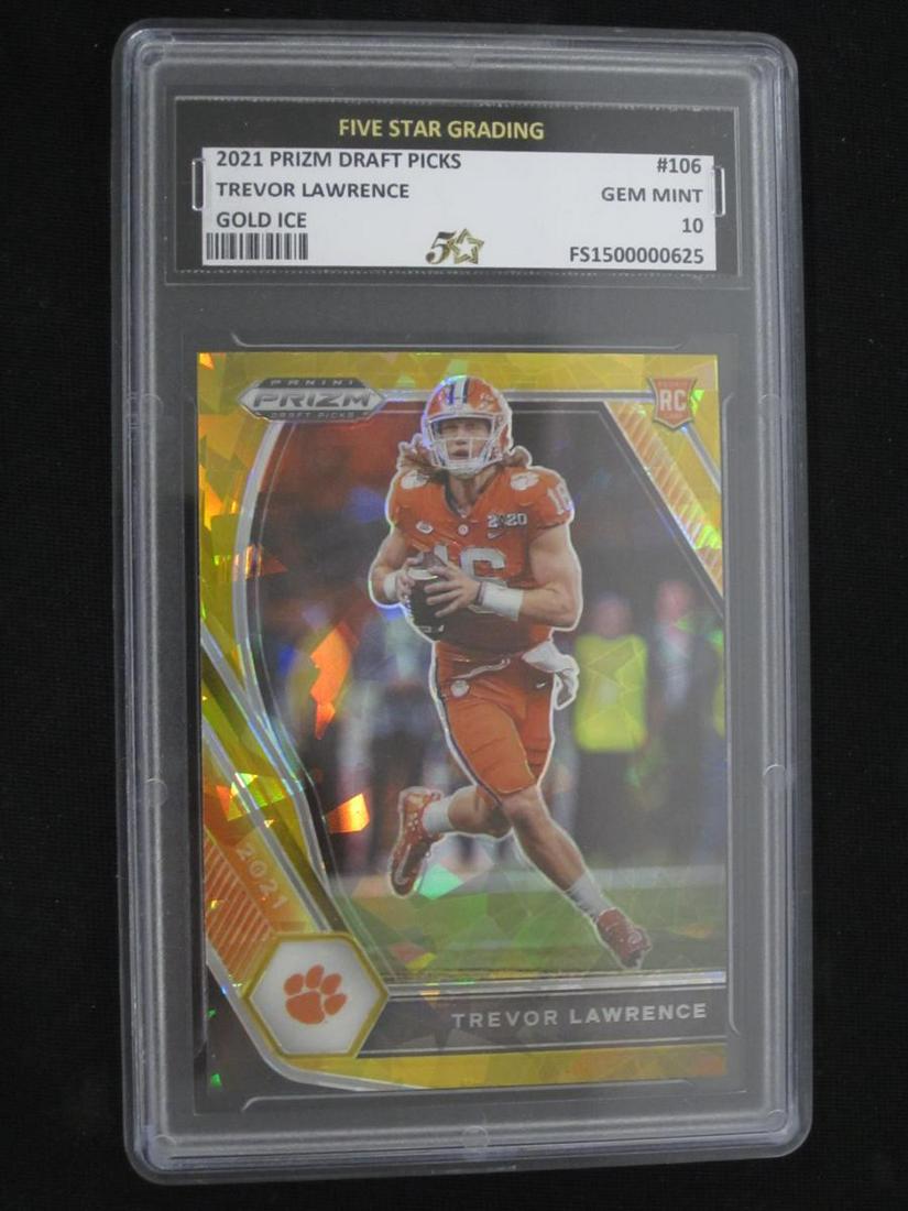 21 PRIZM TREVOR LAWRENCE RC GEM 10: 2021 PANINI PRIZM DRAFT TREVOR LAWRENCE RARE GOLD CRACKED ICE PRIZM ROOKIE CARD CLEMSON TIGERS GRADED FIVE STAR GRADING GEM MINT 10 THIS IS A WONDERFUL CARD FOR ANY COLLECTOR. THIS CARD HAS BEEN PROFE