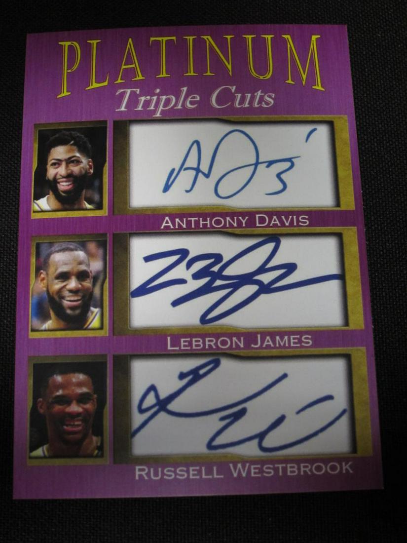 LAKERS PTC ANTHONY LEBRON RUSS: VERY NICE 2021 ICONIC INK PLATINUM TRIPLE CUTS ANTHONY DAVIS LEBRON JAMES RUSSELL WESTBROOK TRIPLE CUT FACSIMILE AUTOGRAPH CARD FACSIMILE SIGNATURES LAKERS