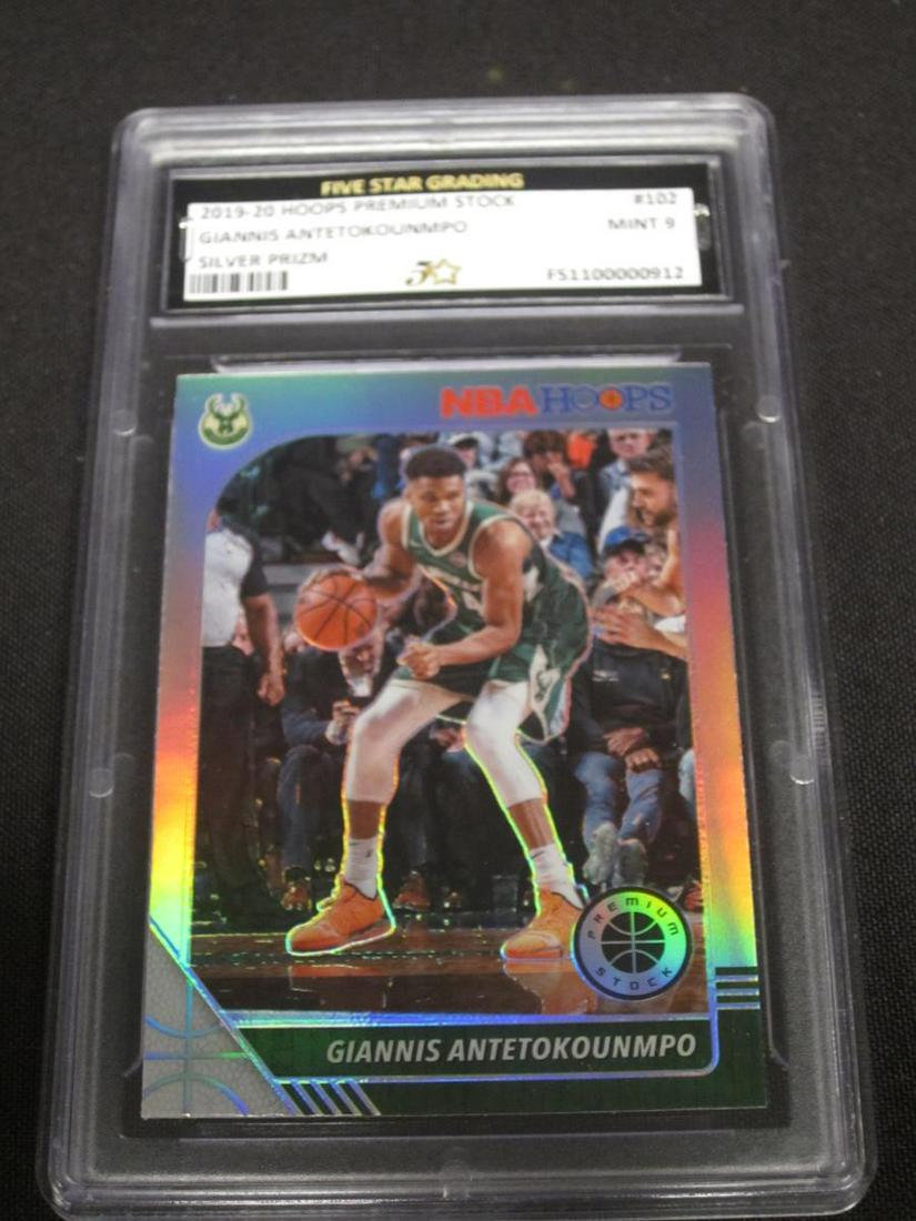 19-20 HOOPS GIANNIS SILVER FSG MINT 9: VERY NICE 2019-20 PANINI HOOPS PREMIUM STOCK GIANNIS ANTETOKOUNMPO SILVER PRIZM MILWAUKEE BUCKS GRADED FIVE STAR MINT 9 VERY NICE CARD PROFESSIONALLY GRADED & ENCASED